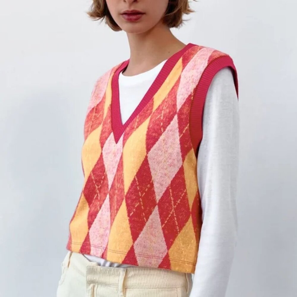 Zara Argyle Printed Knit Vest M - Picture 1 of 6